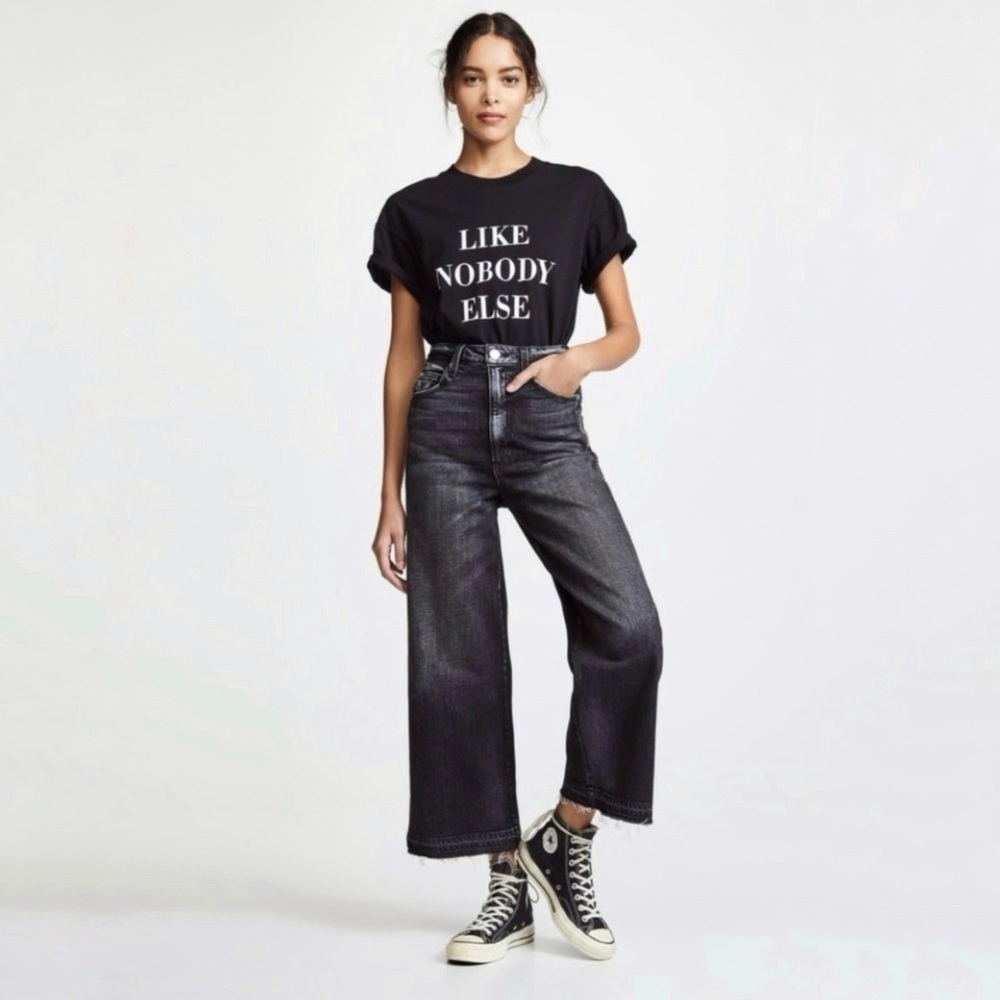 AMO Ava Crop Wide Leg Jeans High Waist Released Hem Raven Washed Black 29